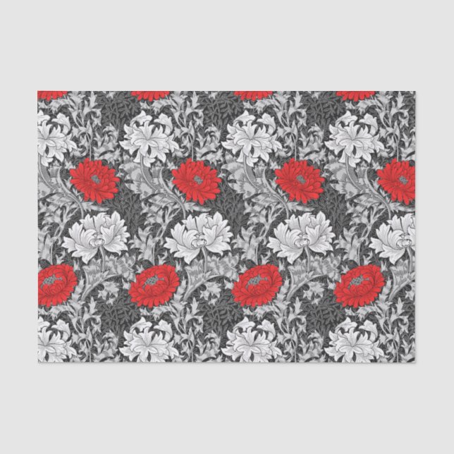 Papel De Seda Crisantemos William Morris, gris y rojo (Anverso)