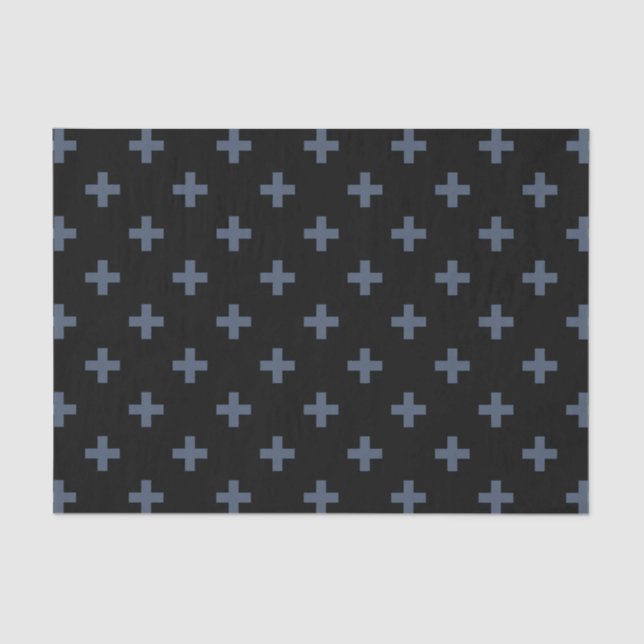 Papel De Seda Cruces de polka azul-gris sobre negro (Anverso)