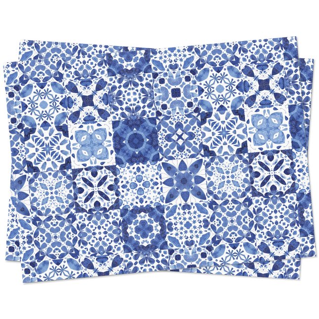 Papel De Seda Cuadros de agua del patrón de mosaico blanco azul  (Mediterranean blue and white tile watercolor geometric pattern tissue paper)