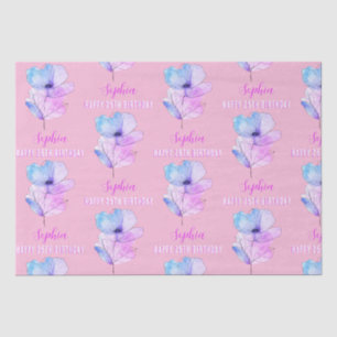 Papel De Seda Cualquier Cumpleaños, Nombre, Flor Acuarela Rosa y