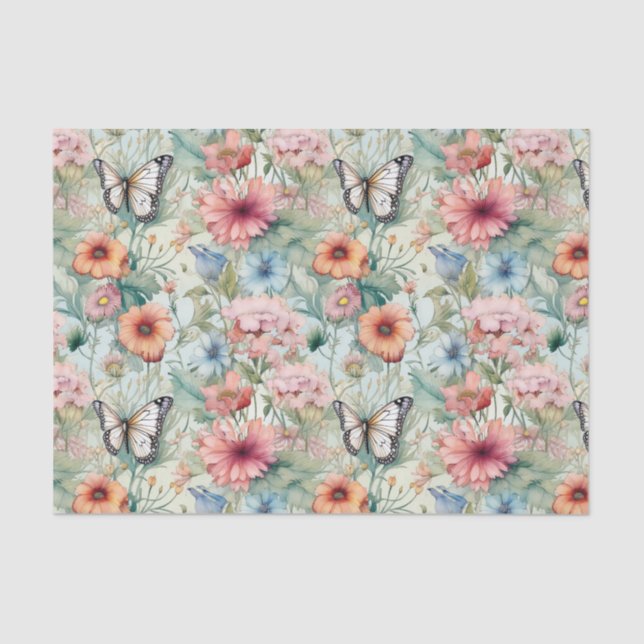 Papel De Seda Cuatro mariposas en descomposición de patrones flo (Anverso)