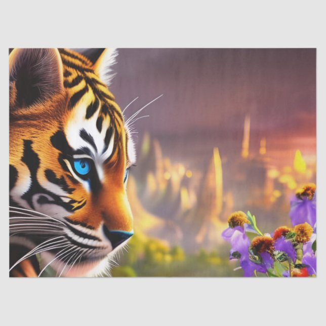 Papel De Seda Cubo de tigres, flores moradas (Anverso)