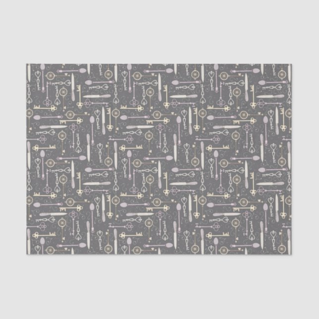 Papel De Seda Cucharas antiguas y llaves sobre gris (Anverso)