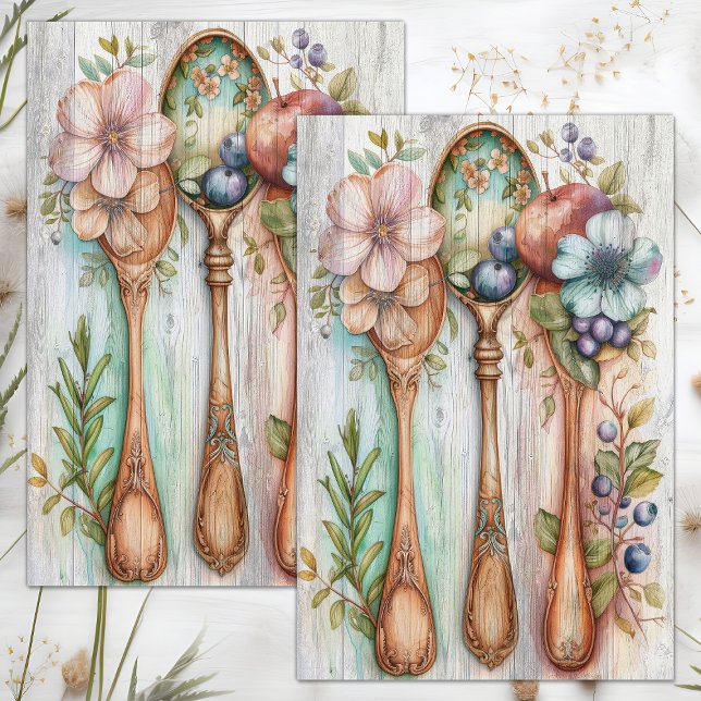 Papel De Seda Cucharas de madera decoupage floral (WOODEN SPOONS FLORAL DECOUPAGE TISSUE PAPER)