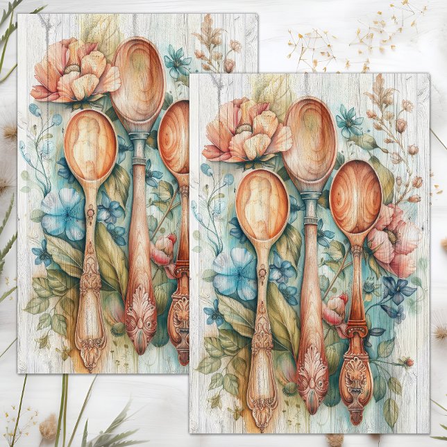 Papel De Seda Cucharas de madera decoupage floral (WOODEN SPOONS FLORAL DECOUPAGE TISSUE PAPER)