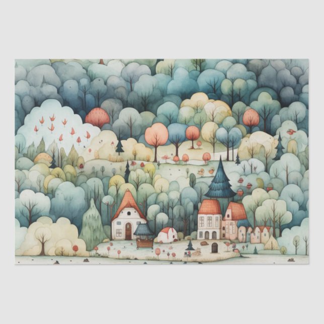 Papel De Seda Cuento de hadas en Fairyland Village Green y Naran (Anverso)