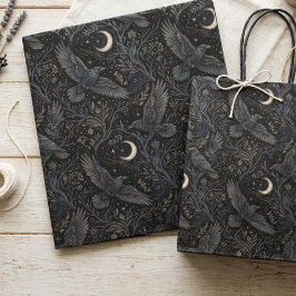 Papel De Seda Cuervo de Medianoche Místico y Patrón de Luna Crec