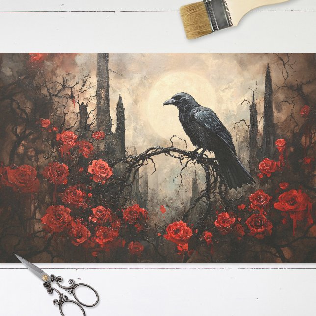 Papel De Seda Cuervo gótico con rosas rojas oscuras decoupage (Subido por el creador)