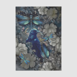 Papel De Seda Cuervo Misterioso, Flores Blancas y Libélulas