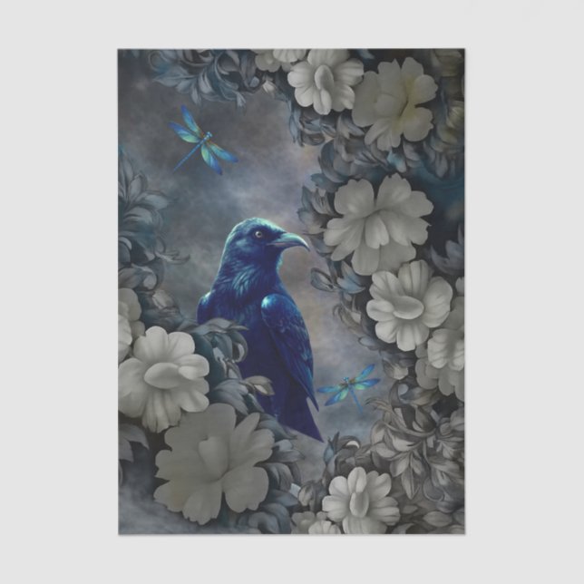 Papel De Seda Cuervo Misterioso, Flores Blancas y Libélulas (Anverso)