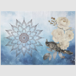 Papel De Seda Cuervo Negro Flores Blancas Fondo Azul
