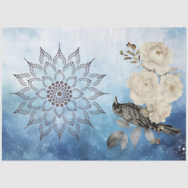 Papel De Seda Cuervo Negro Flores Blancas Fondo Azul (Anverso)