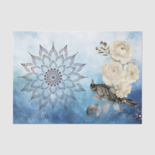 Papel De Seda Cuervo Negro Flores Blancas Fondo Azul