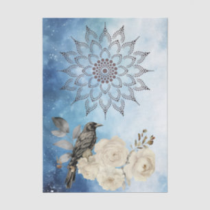 Papel De Seda Cuervo Negro Flores Blancas Fondo Azul