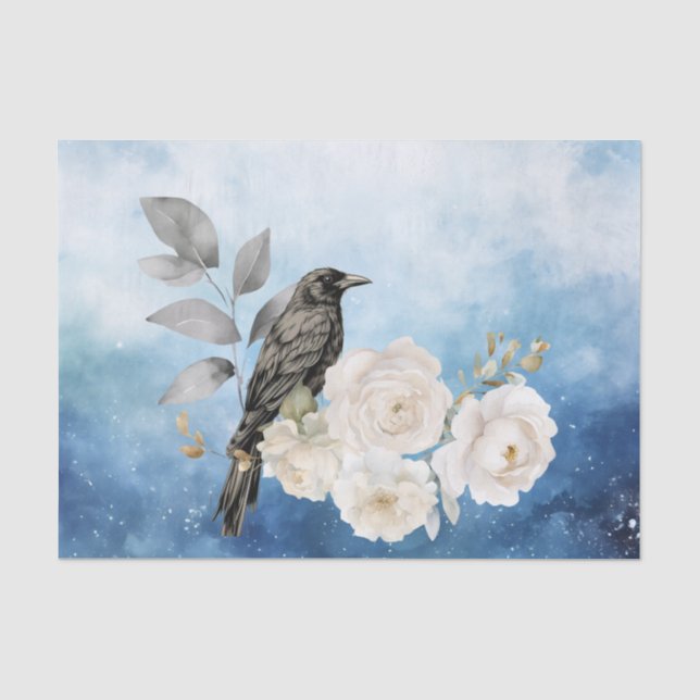 Papel De Seda Cuervo Negro Flores Blancas Fondo Azul (Anverso)