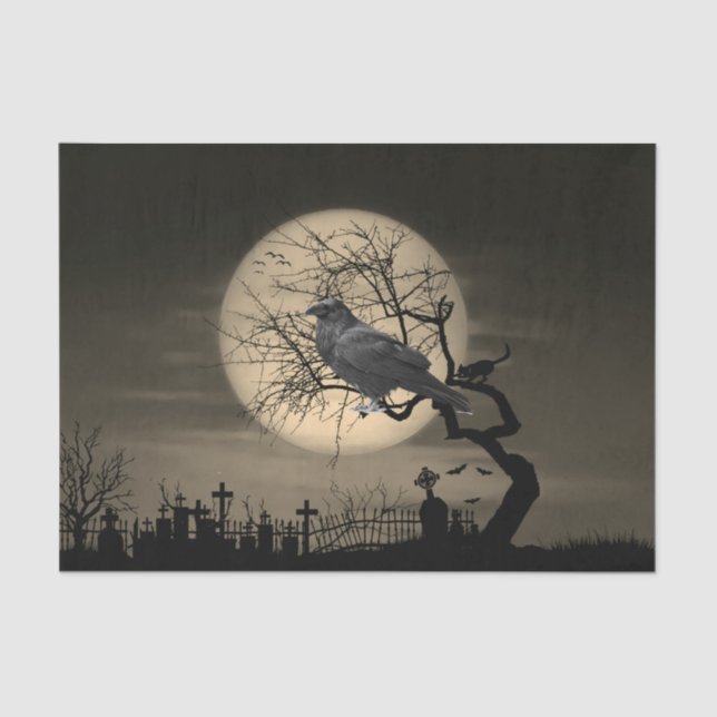Papel De Seda Cuervo oscuro de Halloween en el árbol (Anverso)