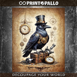 Papel De Seda Cuervo Steampunk con sombrero de copa y relojes