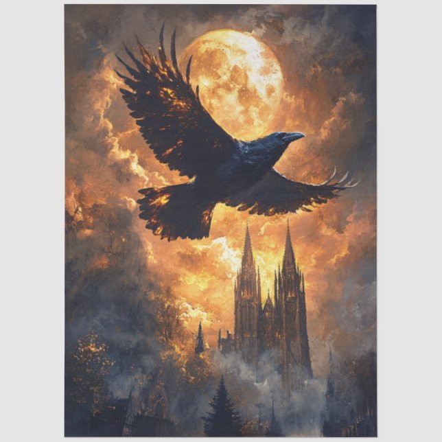Papel De Seda Cuervo volando sobre catedral gótica decoupage (Anverso)