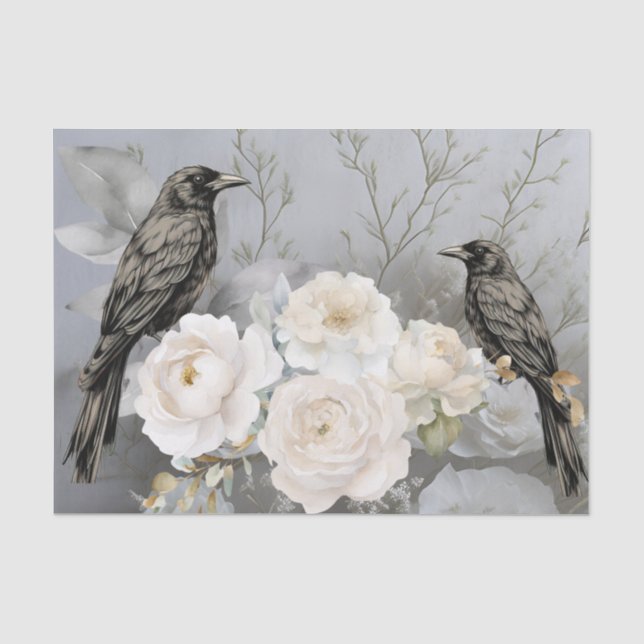 Papel De Seda Cuervos Negros Góticos y Flores Blancas  (Anverso)