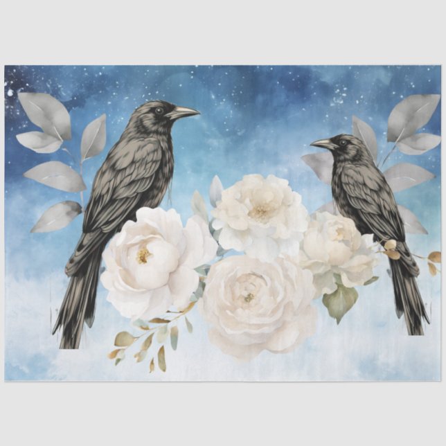Papel De Seda Cuervos Negros Góticos y Flores Blancas  (Anverso)