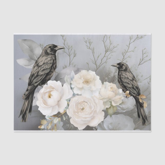 Papel De Seda Cuervos Negros Góticos y Flores Blancas  (Anverso)