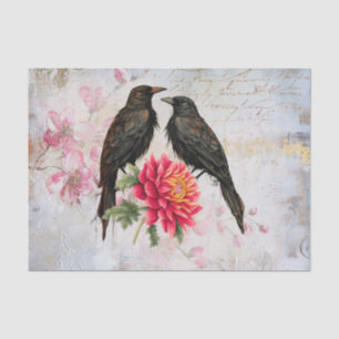 Papel De Seda Cuervos Negros y Florales Rosados Decoupage Vintag