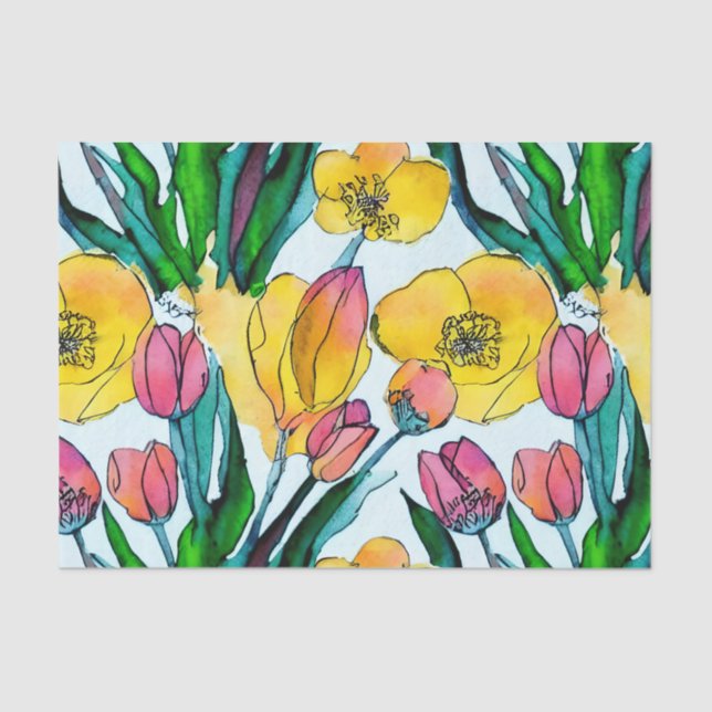 Papel De Seda Cuidada colorida acuarela tulipán jardín Cumpleaño (Anverso)
