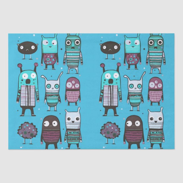 Papel De Seda Cuidados pequeños monstruos Zombie Blue Pattern Fu (Anverso)
