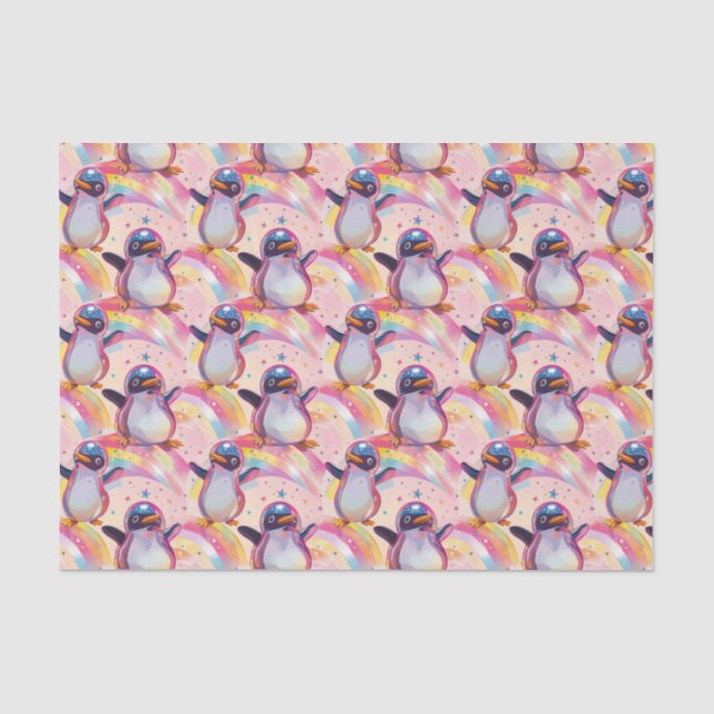 Papel De Seda Cuidados pingüinos arcoiris y patrón de estrellas (Anverso)