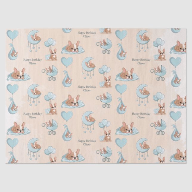 Papel De Seda Cumpleaños de adorable Bulldog Francés azul bebé (Anverso)