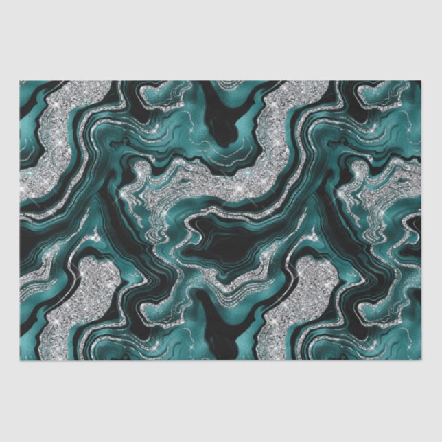 Papel De Seda Cumpleaños de ágata con brillo elegante teal y pla (Anverso)