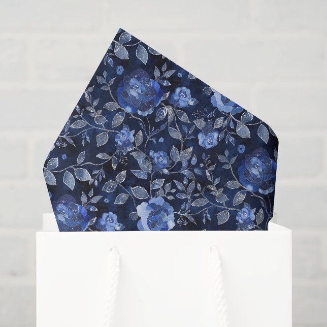 Papel De Seda Cumpleaños de Hojas Florales Azules (Bolsa de regalo)