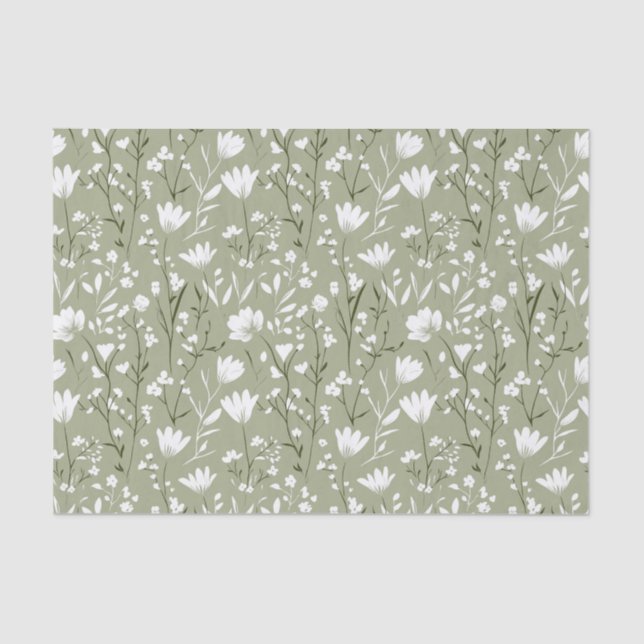 Papel De Seda Cumpleaños de la novia floral blanca y verde sabio (Anverso)