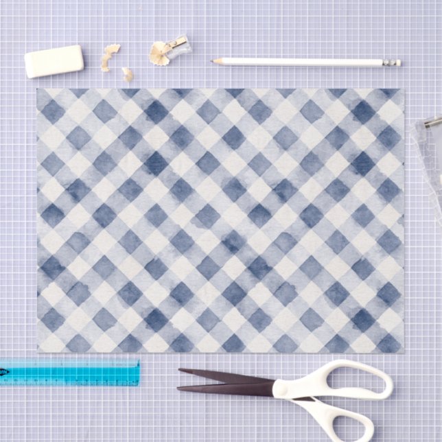 Papel De Seda Cumpleaños de Rayas de Cuadro Escocés Azul Blanco (Artesanía)