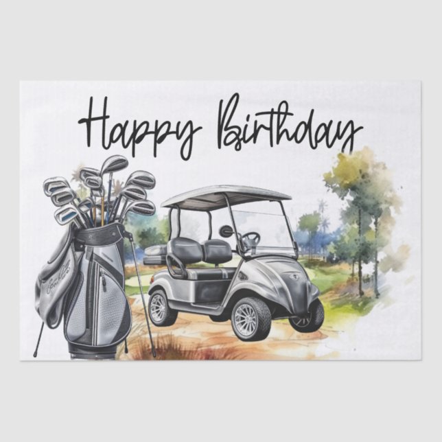 Papel De Seda Cumpleaños del golf con la acuarela del carrito de (Anverso)