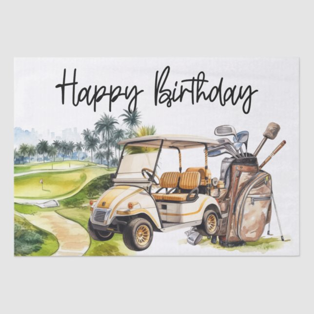 Papel De Seda Cumpleaños del golf con la acuarela del carrito de (Anverso)
