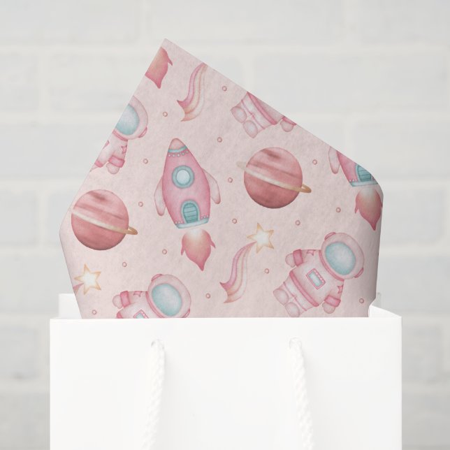 Papel De Seda Cumpleaños Espacial de Niña Astronauta Rosa (Bolsa de regalo)