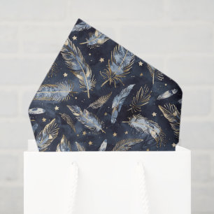 Papel De Seda Cumpleaños Estrellas Plumas Doradas Azules