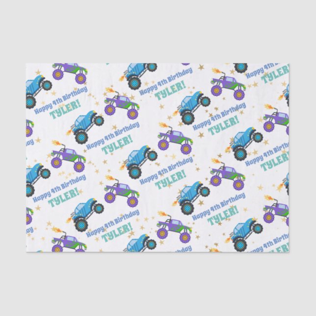 Papel De Seda Cumpleaños feliz, camionetas de monstruos nombre/e (Anverso)
