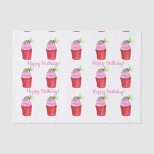 Papel De Seda Cumpleaños Feliz Cupcake de Fresa con Acuarela