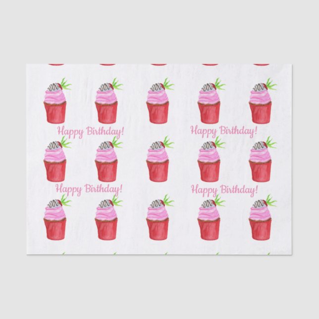 Papel De Seda Cumpleaños Feliz Cupcake de Fresa con Acuarela (Anverso)