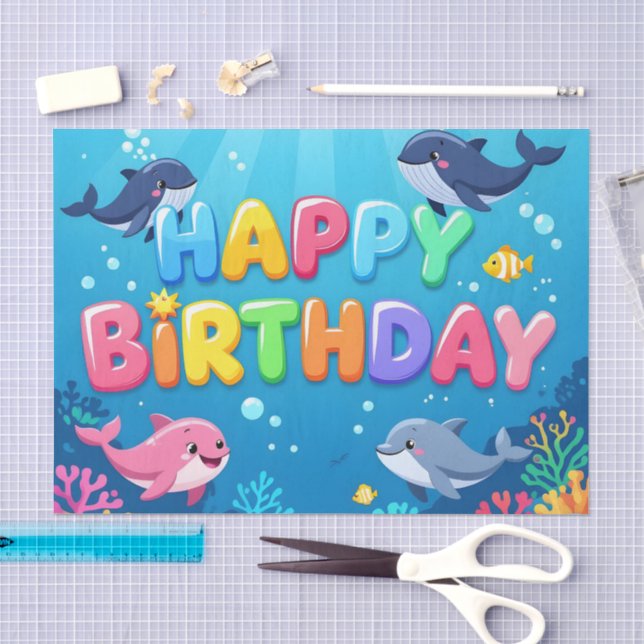 Papel De Seda Cumpleaños feliz delfín náutico lindo (Artesanía)
