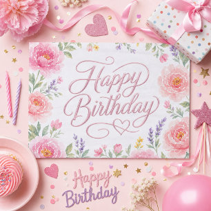 Papel De Seda Cumpleaños Feliz Niñas Floral Plateado Rosa