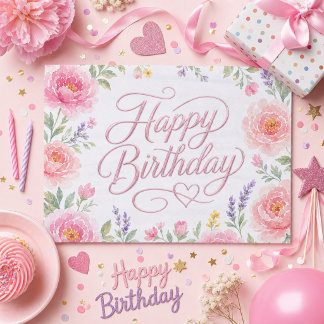 Papel De Seda Cumpleaños Feliz Niñas Floral Plateado Rosa