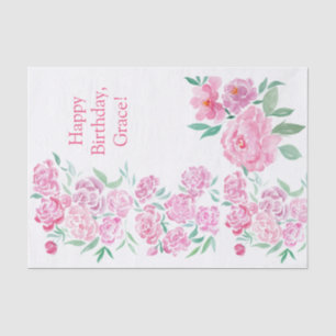 Papel De Seda Cumpleaños Feliz Peonías Rosadas Acuarela Personal