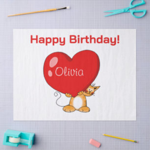 Papel De Seda Cumpleaños Feliz Personalizado Corazón Gato