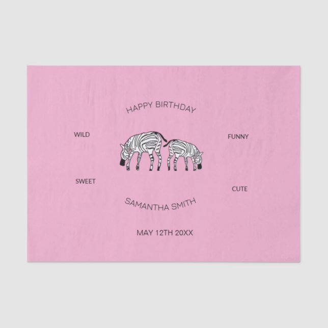 Papel De Seda Cumpleaños, lindo y feliz zebras kenianas rosadas (Anverso)