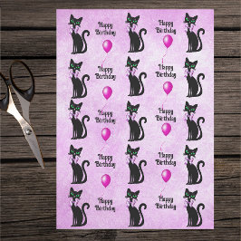 Papel De Seda Cumpleaños Lindos Gatos Negros Lazos Rosados Globo