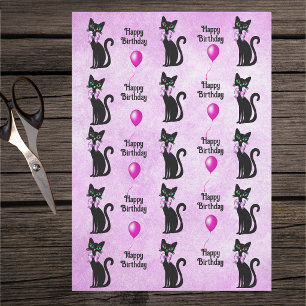 Papel De Seda Cumpleaños Lindos Gatos Negros Lazos Rosados Globo
