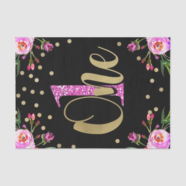 Papel De Seda Cumpleaños número uno con flores negras y brillo r (Anverso)